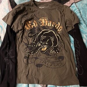 Ed Hardy Olive and Black Panther Long Sleeve Tee Y2K Vintage Archive